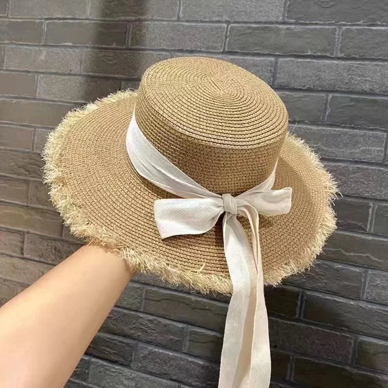Summer Sun Protection Woven Women'S Straw Hat, Bow Tie, Elegant Beach Hat, Large Brim Sun Hat For Vacation