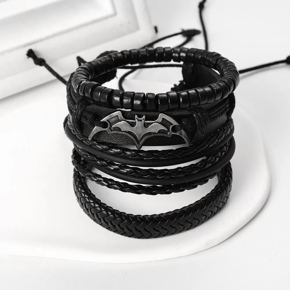 4Pcs/set Leather Beaded Black Bat Bracelet Charming Men's Bracelet New Fashion Hip Hop Punk Accessories Jewelry Gift Wholesale