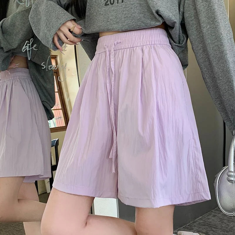 2025 New Lady Casual Ice Silk Drawstring Short Pants Girls Solid Baggy Elastic High Waisted Shorts Women Korean Wide Leg Slacks