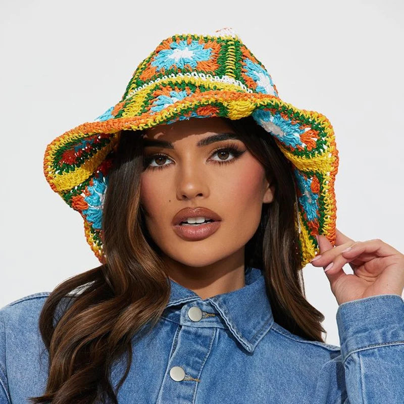women straw hat summer Rainbow Striped Crochet Woven Straw Bucket Hat sun hat fashion Foldable straw hat travel