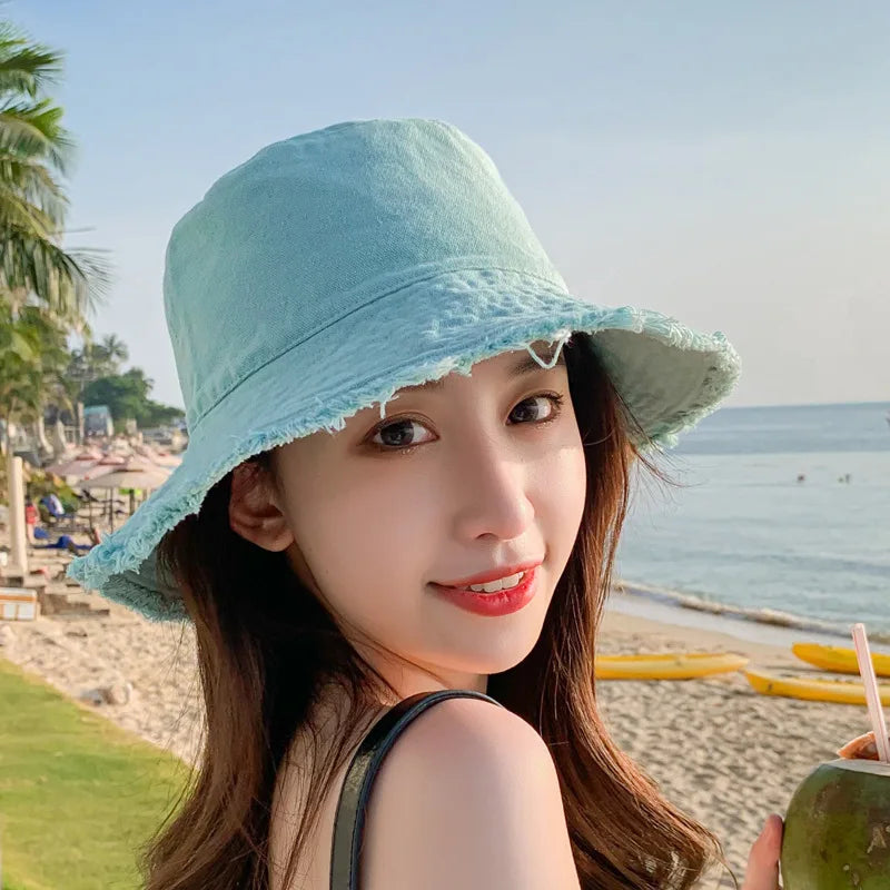 MAXSITIU Cotton Fringed Fisherman Cap Soft Aluminum Wire Shape Water Wash Bucket Hat Women's Four Seasons Solid Outing Basin Hat