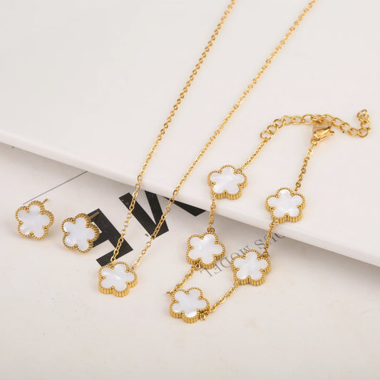 316L Electroplated Plum Blossom Plant Five Leaf Flower Set Single Sided Necklace Earrings Bracelet Women Stainless Steel Clover