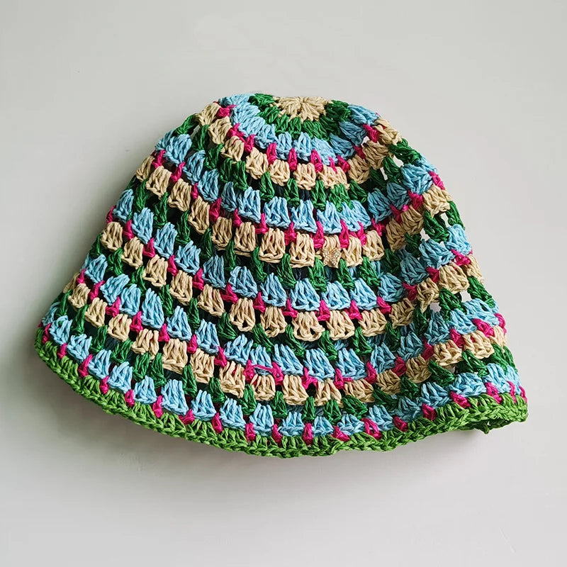 women straw hat summer Rainbow Striped Crochet Woven Straw Bucket Hat sun hat fashion Foldable straw hat travel