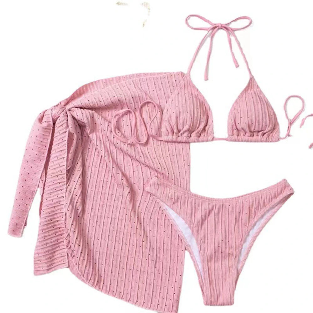 2024 Summer Halter Bikini 3 Pieces Women Special Material Sexy Thong Swimwear With Sarong Skirt White/Black/Pink/Green Beachwear
