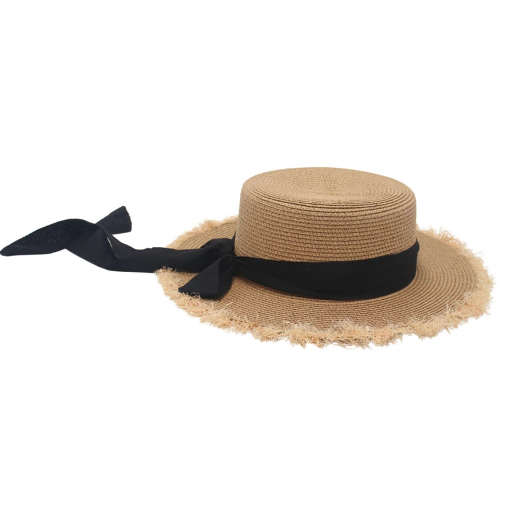 Summer Sun Protection Woven Women'S Straw Hat, Bow Tie, Elegant Beach Hat, Large Brim Sun Hat For Vacation