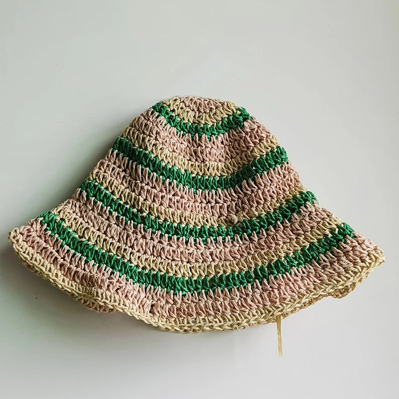 women straw hat summer Rainbow Striped Crochet Woven Straw Bucket Hat sun hat fashion Foldable straw hat travel