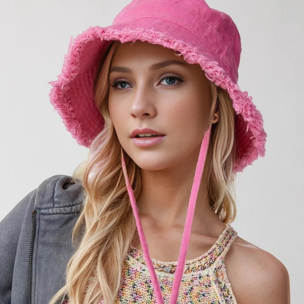 Ladies' denim drawstring torn edge bucket hat, sun resistant outdoor hiking hat, adjustable, fashionable daily travel headwear