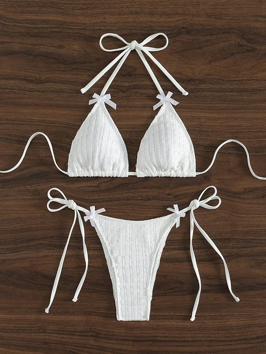 2025 New Solid Color White 2 Piece Swimsuit Sexy Bow Triangle Halter Backless Bikini Set Lace-up Thong Bathing Suit Swimwear