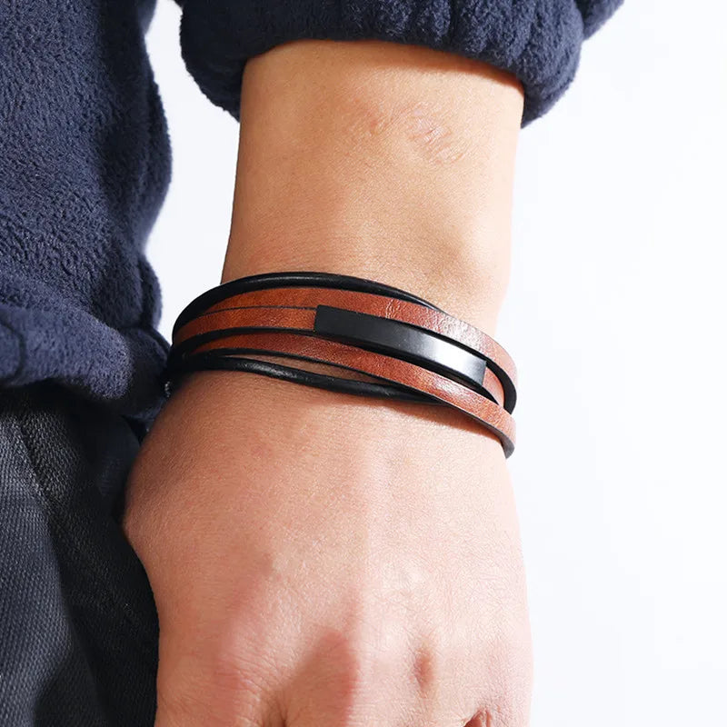 New Men's Leather Braided Bracelet Alloy Magnet Buckle Multilayer Leather Bracelet Retro Simple Bracelet Wholesale