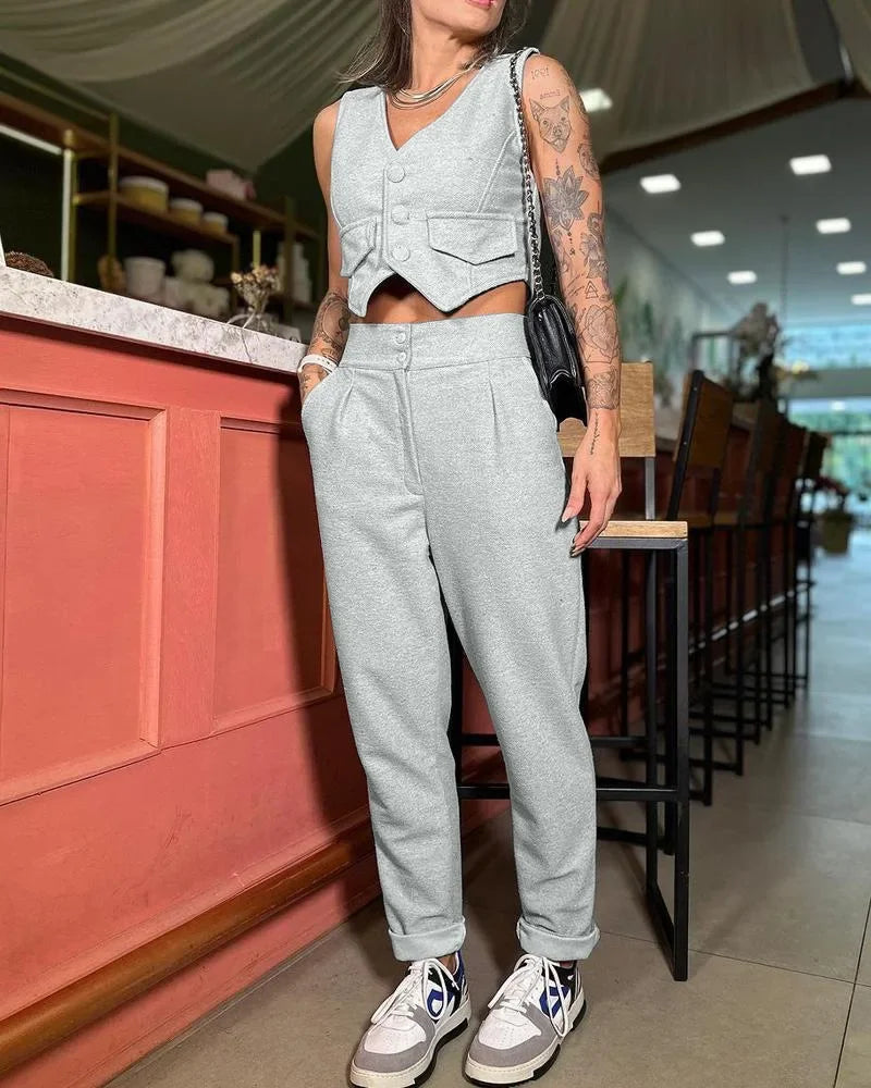 Two Piece Sets Women V Neck Sleeveless Single Breasted Vest Tops Casual Straight Long Pants Set Regular Splice 2023 Autumn
