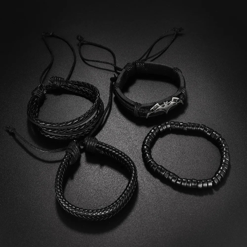 4Pcs/set Leather Beaded Black Bat Bracelet Charming Men's Bracelet New Fashion Hip Hop Punk Accessories Jewelry Gift Wholesale