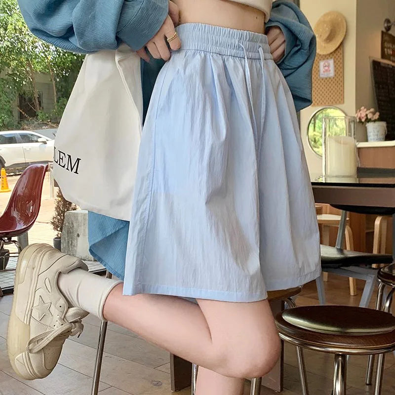 2025 New Lady Casual Ice Silk Drawstring Short Pants Girls Solid Baggy Elastic High Waisted Shorts Women Korean Wide Leg Slacks